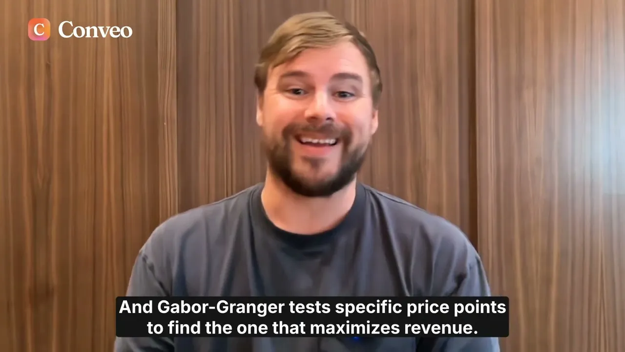 A Conveo engineer on camera explaining that Gabor-Granger tests specific price points to find the one that maximizes revenue.