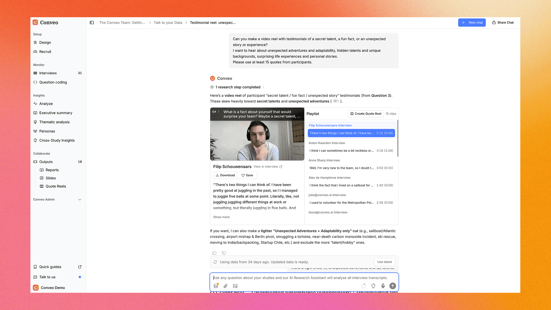 Talk to Your Data in Conveo assembling a quote reel from a prompt, with a video clip playing beside a list of timestamped quotes.