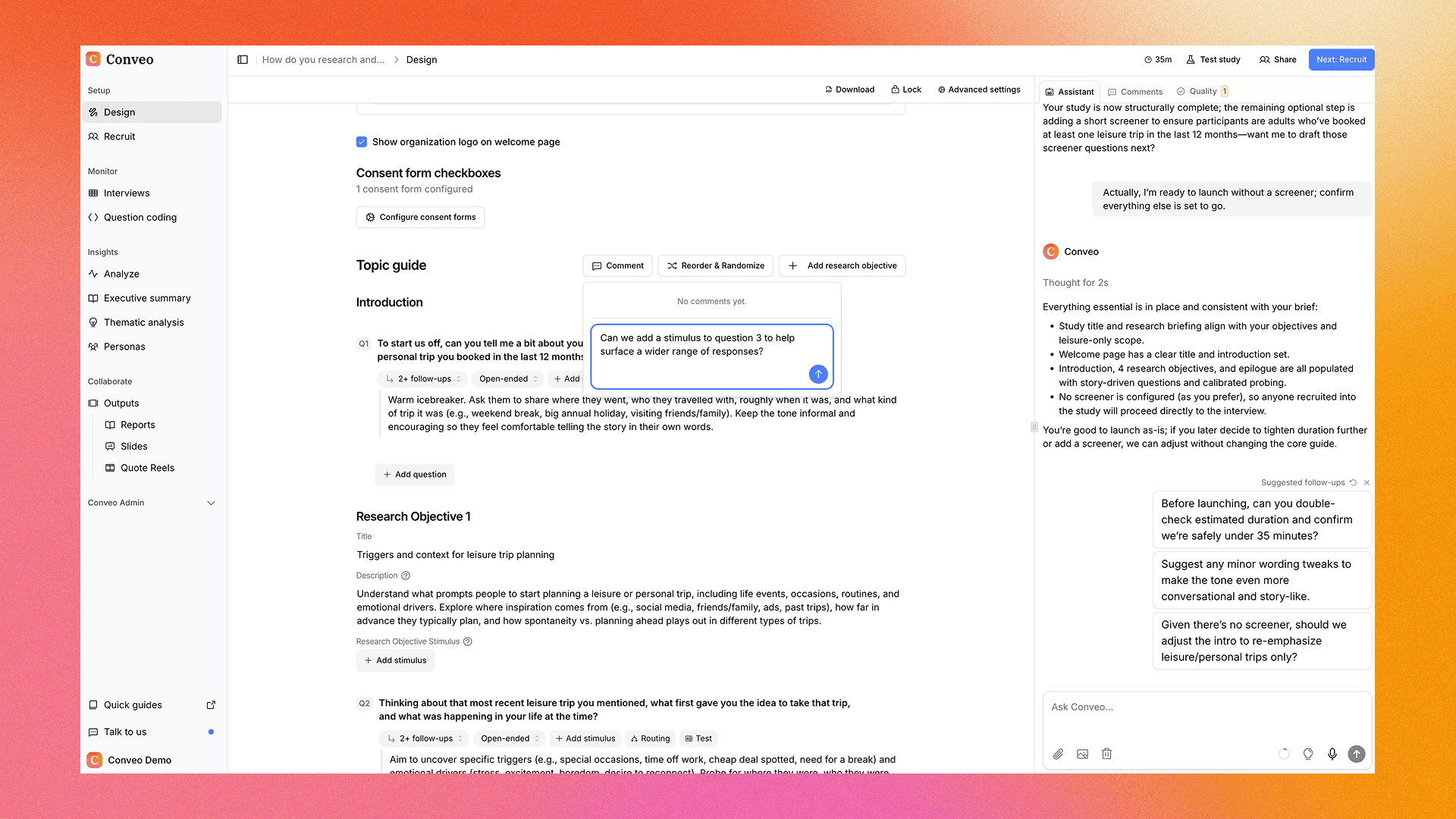 A comment thread open on a question inside a Conveo topic guide, with an assistant panel listing suggested fixes on the right.