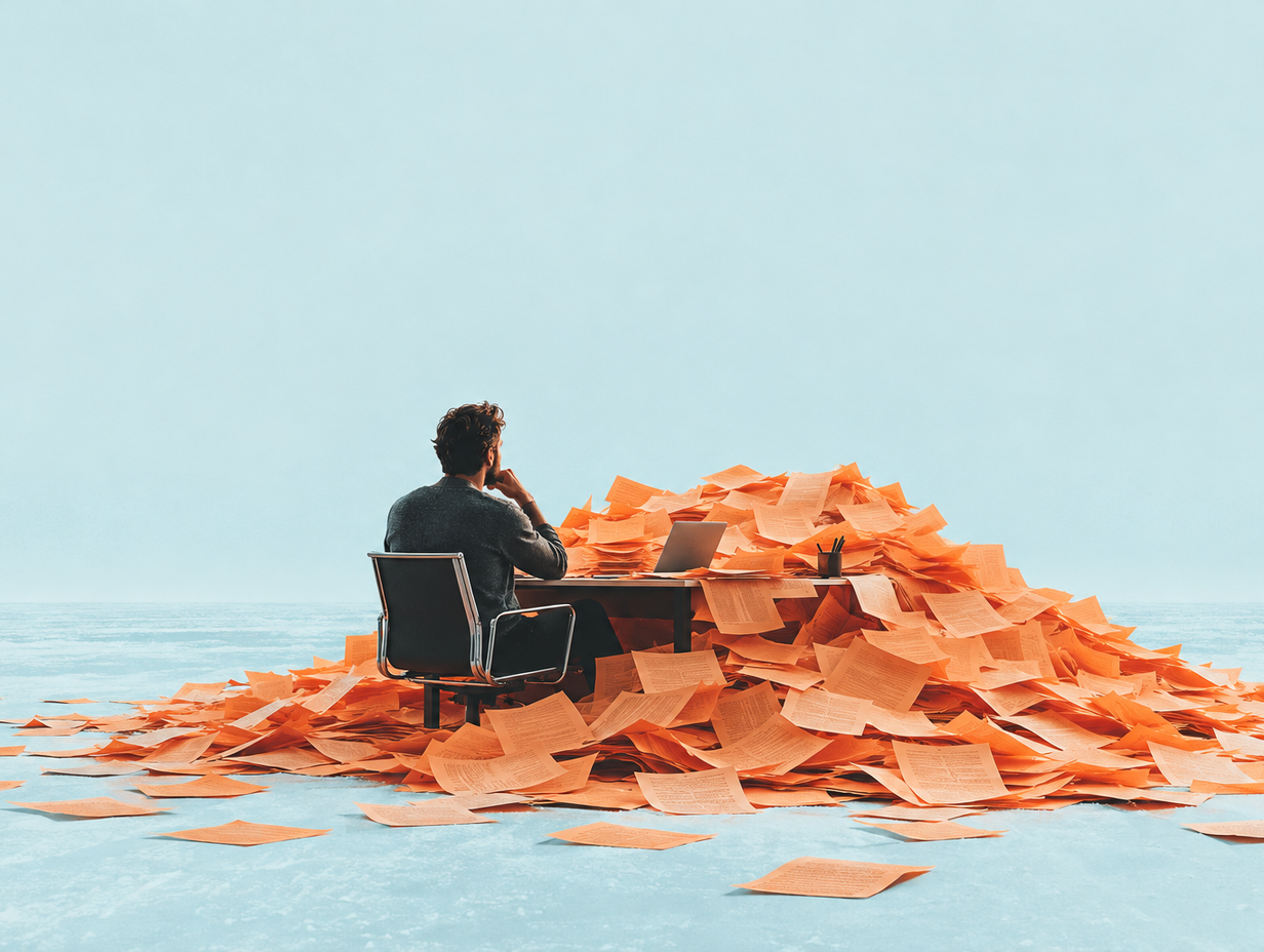 A minimalist photograph in pale ice blue: an engineer sits at a desk on a frozen plain, chin in hand, facing a laptop half buried in an enormous drift of orange printed pages piled over the desk and floor.
