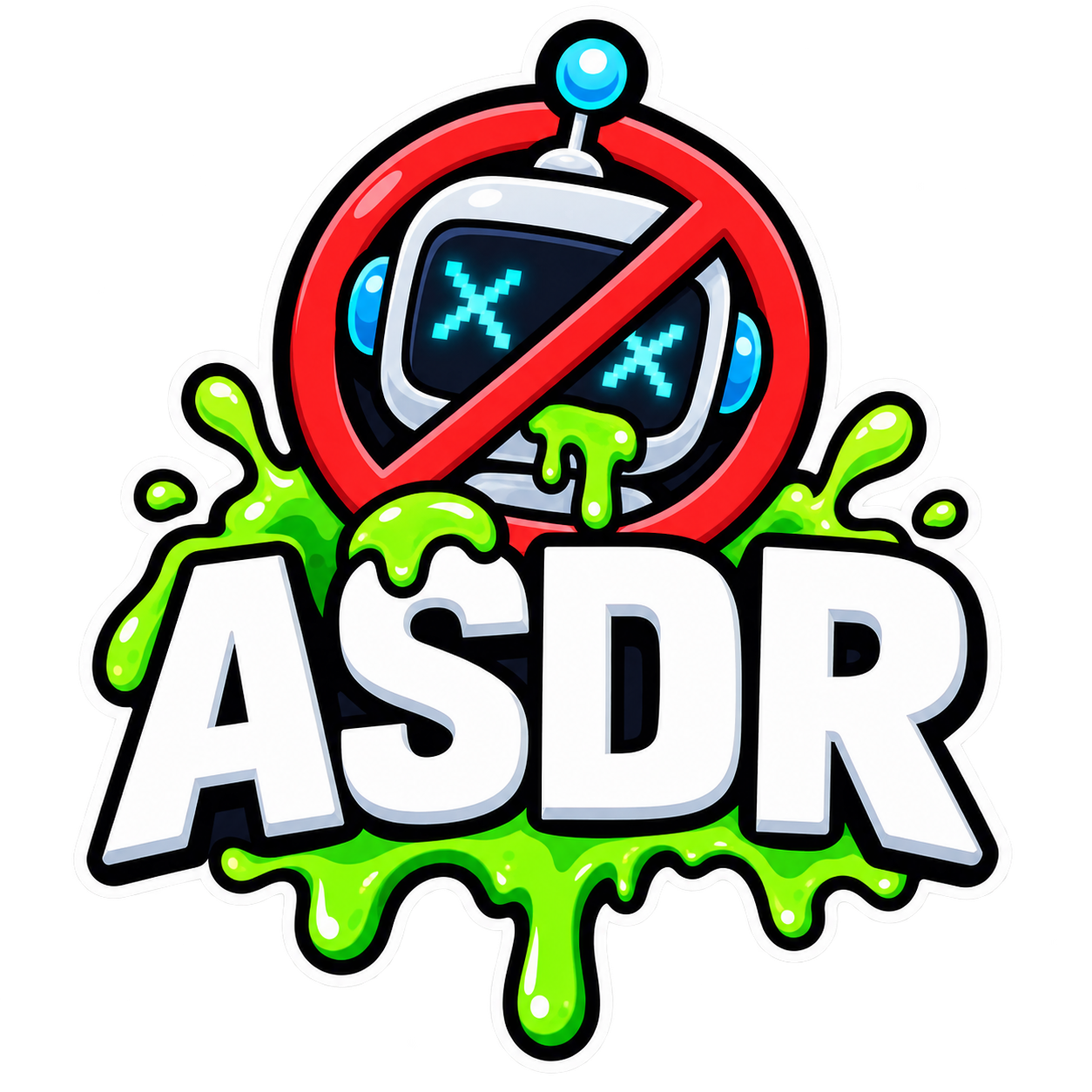 The ASDR emoji: a cartoon sticker of a dead robot with X eyes behind a red prohibition sign, dripping with bright green slime, above chunky letters spelling ASDR.