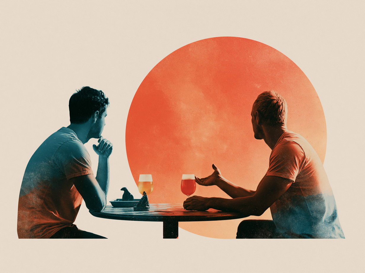 Illustration of two men sitting across a small round table with beers, in conversation, silhouetted in blue and orange against a large orange circle.