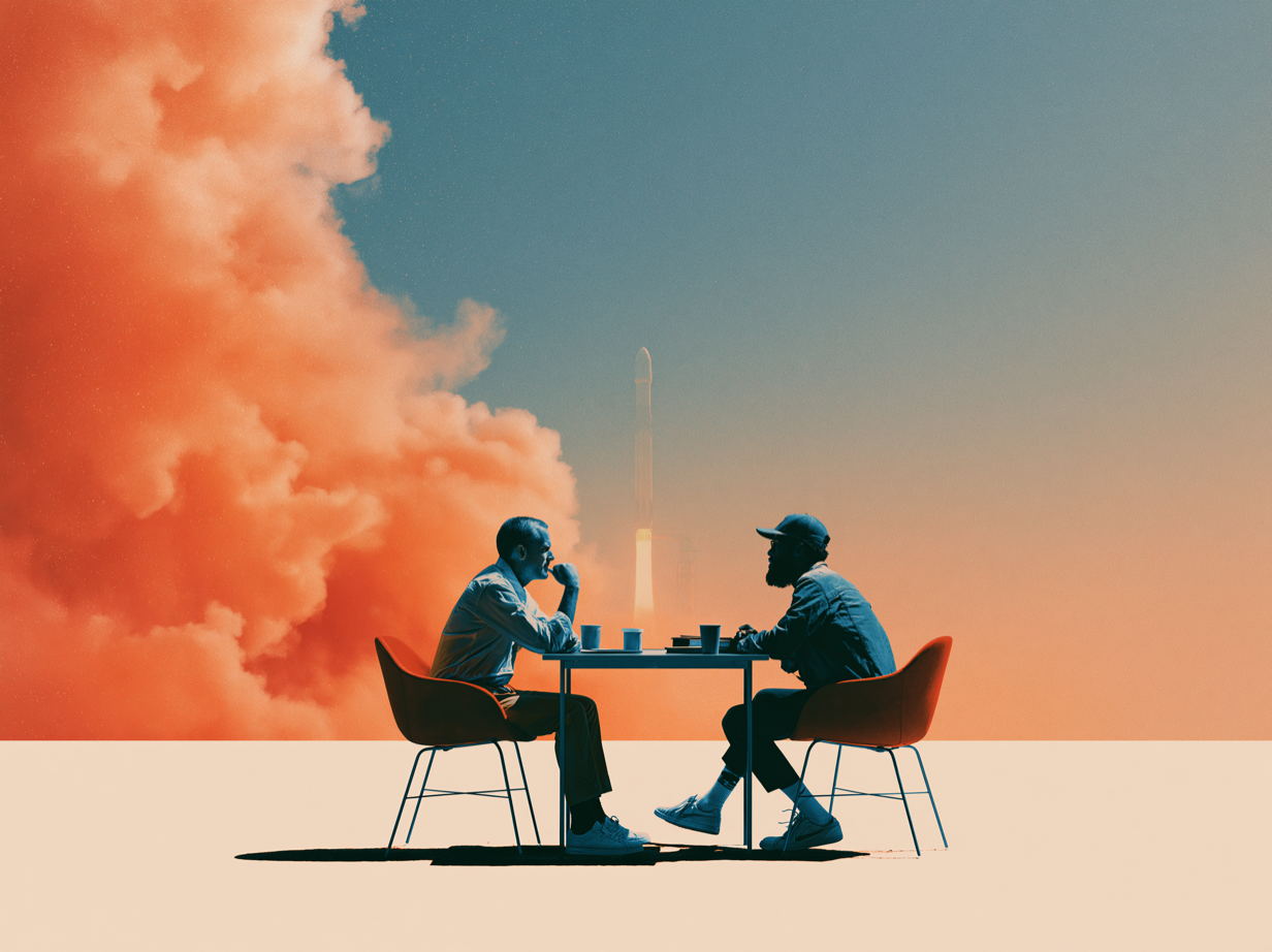 Illustration in teal and orange of two men sitting across a small table with coffee cups, on a pale empty plain, while a rocket lifts off behind them under a vast plume of orange smoke.