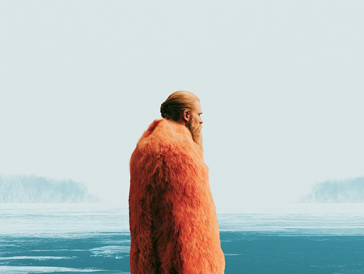 A bearded figure with tied-back blond hair, seen from behind and wrapped in a thick orange fur coat, standing on a frozen lake under a pale sky with bare trees on the far shore.