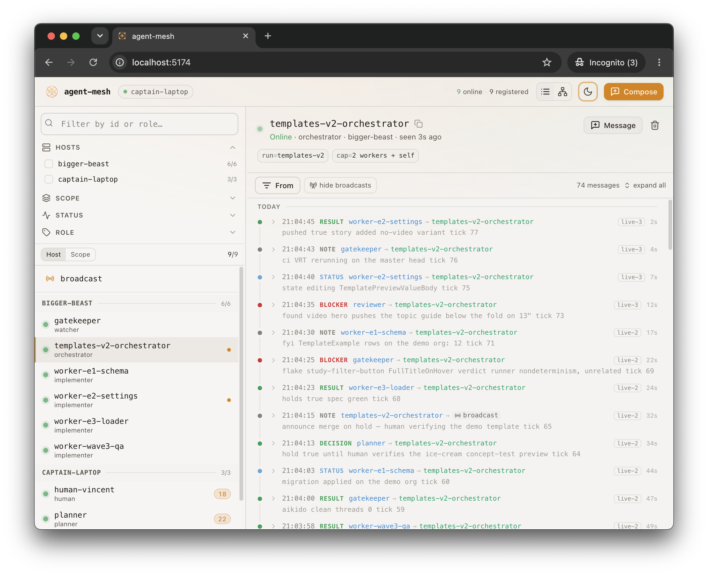 The agent mesh dashboard: a roster of agents grouped by host on the left with an orchestrator and five workers, and on the right the orchestrator's inbox with typed messages such as RESULT, STATUS, BLOCKER and DECISION flowing between workers, a gatekeeper and a planner.