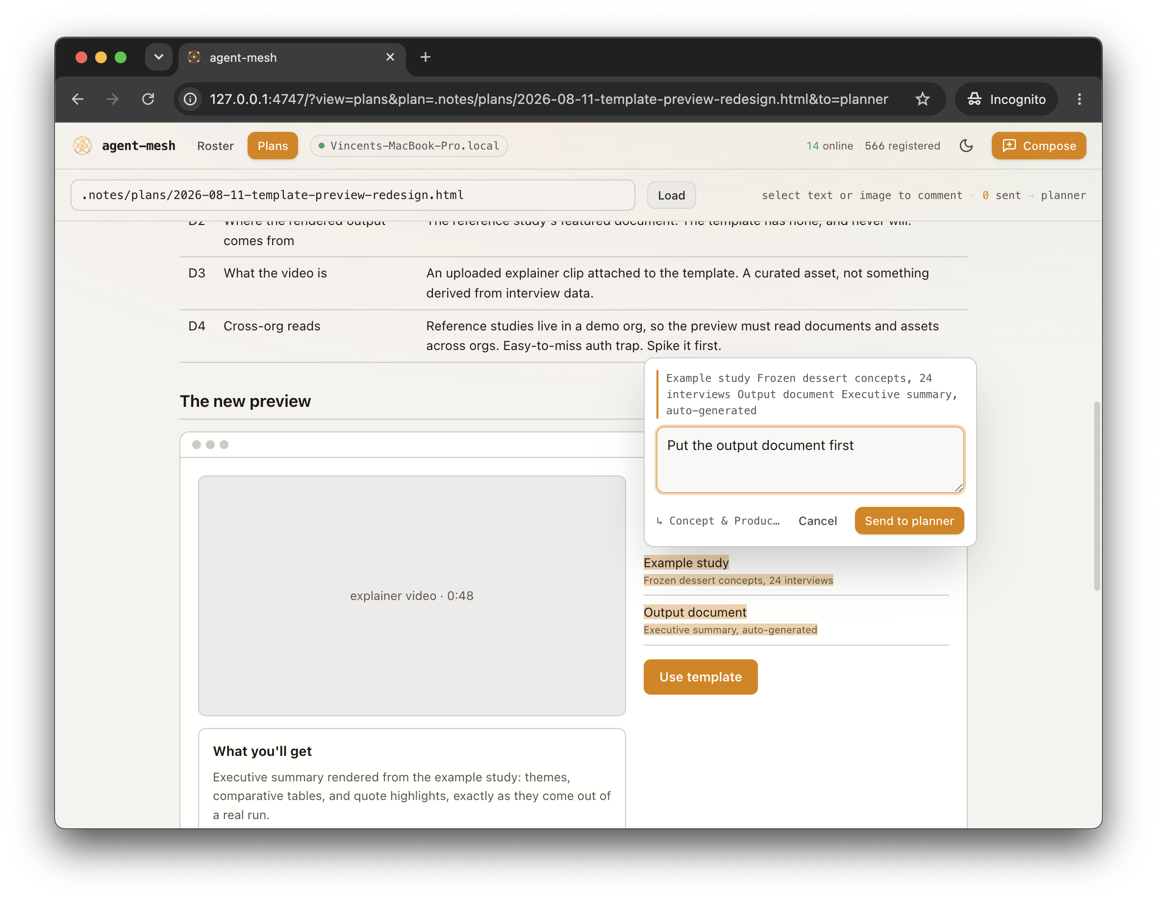 The plan review tool in a browser: an HTML spec for a template preview redesign with a decision table and a mockup, a passage of text selected and highlighted, and a comment box reading 'Put the output document first' with a Send to planner button.