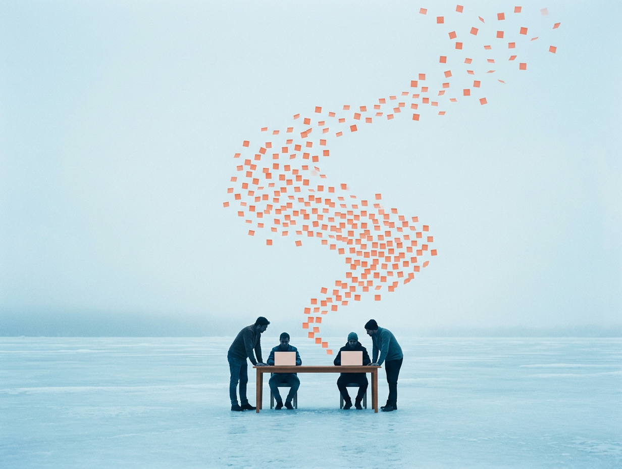 Four people at one long table, small in the middle of a vast pale-blue frozen plain: two sit at laptops while two stand and lean in. Hundreds of coral-orange sticky notes rise from the table into the misty sky like a flock of birds.
