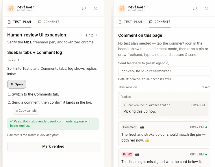 Two panels of a reviewer sidebar. The left shows a Test Plan tab with a numbered set of steps, a pass criterion, and a Mark verified button. The right shows a Comments tab listing pinned comments with timestamps and an inline reply from an agent.