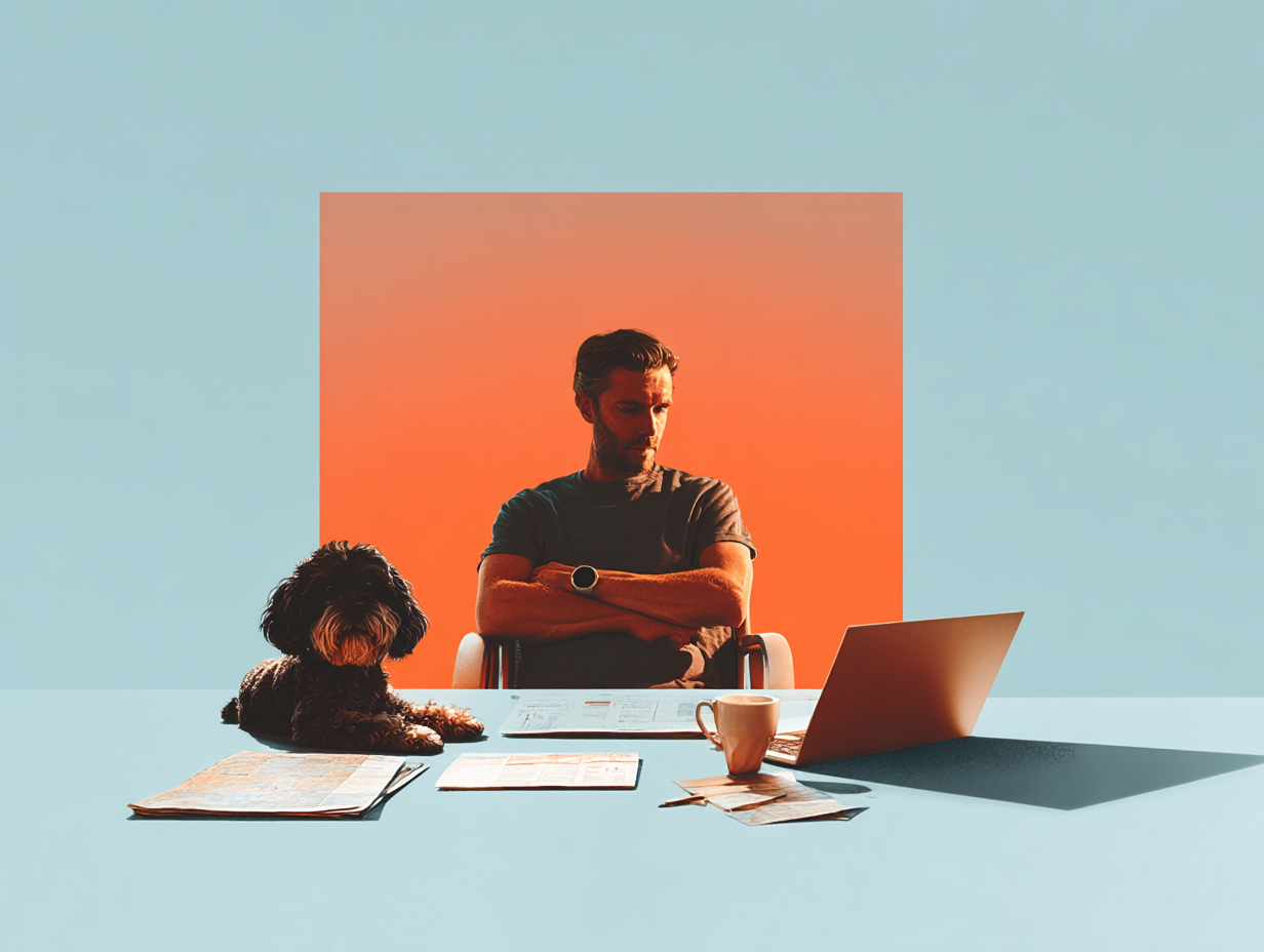 Illustration in pale blue and orange of a bearded man sitting behind a desk with his arms folded, looking down at an open laptop, a curly-haired black dog beside him and printed papers spread across the desk, against a large orange square.